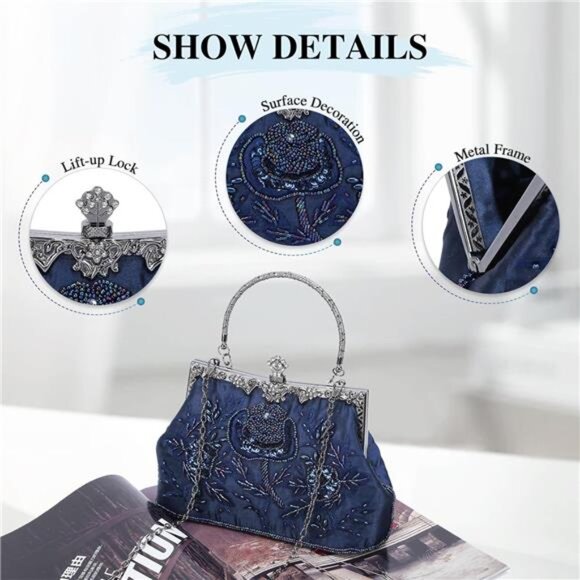 Women's Embroidered Beaded Sequin Evening Clutch Large Wedding Party Purse - Picture 6 of 7